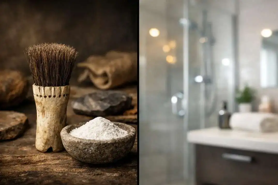 "A photorealistic split-screen comparing ancient tools and modern dental care, titled: How Did People Brush Their Teeth Before Toothpaste?"