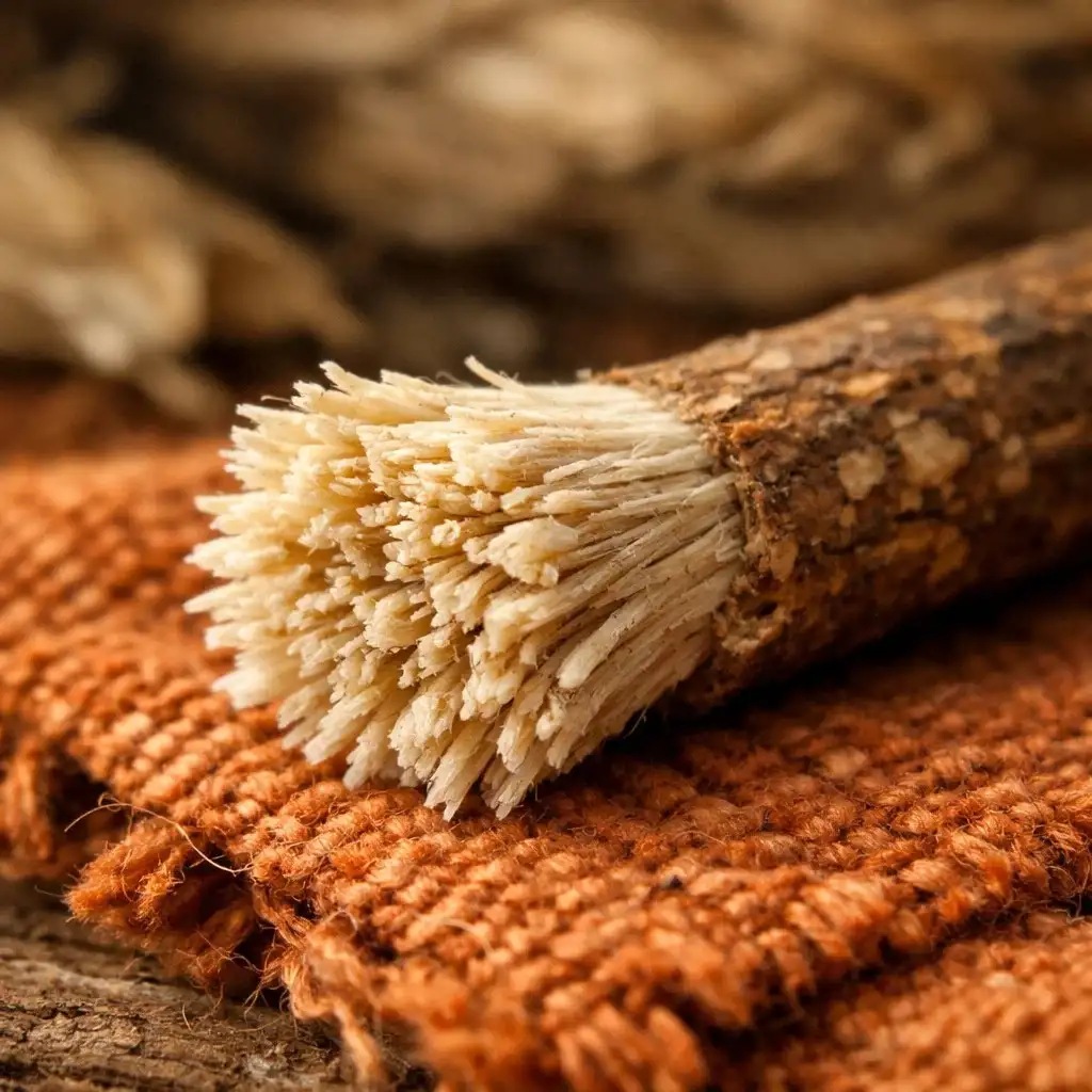 A detailed macro photograph of a natural Miswak chew stick with frayed bristles resting on a warm, hand-woven textile.