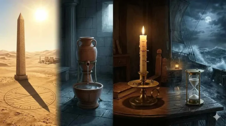 A cinematic timeline illustration of how did people tell time before clocks, featuring ancient Egyptian sundials, Greek water clocks, medieval candle clocks, and maritime hourglass navigation.