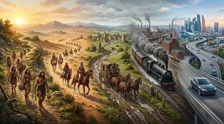 Illustration of how did people travel before cars featuring walking, horses, stagecoach, train and car