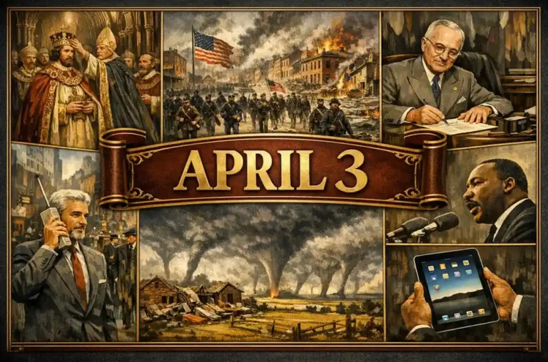 Observe the tragic social losses and environmental disasters of this day in history April 3, including MLK's final speech and the 1974 Super Outbreak.