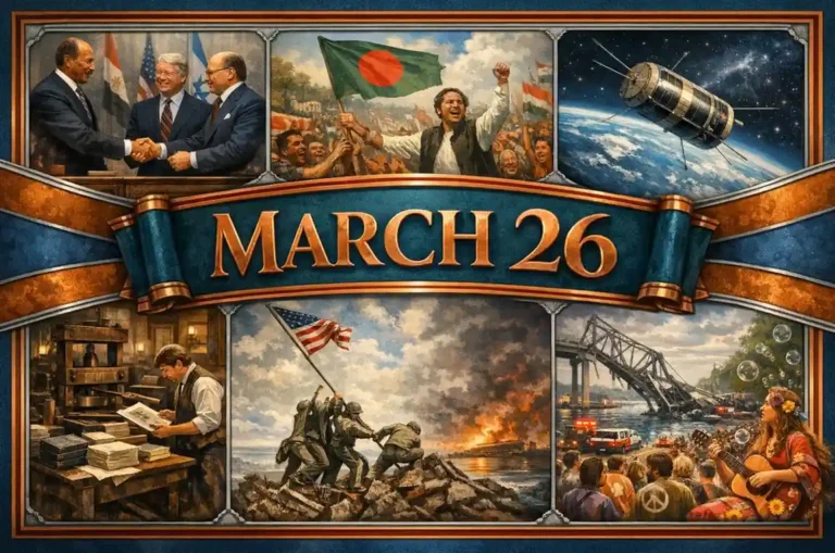 Observe the modern disasters and industrial tragedies of this day in history March 26, featuring the Baltimore bridge collapse and the Brunner mine.