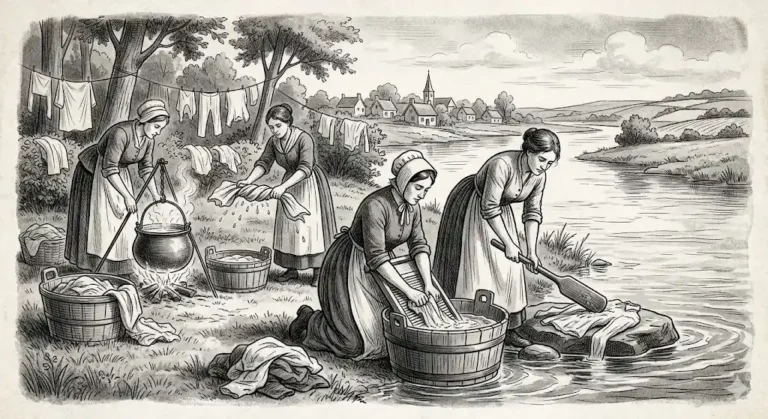 A historical scene depicting how did people wash clothes before washing machines, showing a woman scrubbing linens by hand on a wooden washboard.