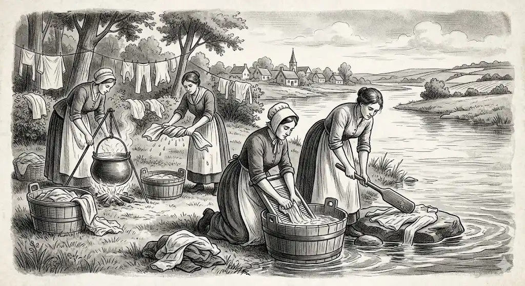 A historical scene depicting how did people wash clothes before washing machines, showing a woman scrubbing linens by hand on a wooden washboard.