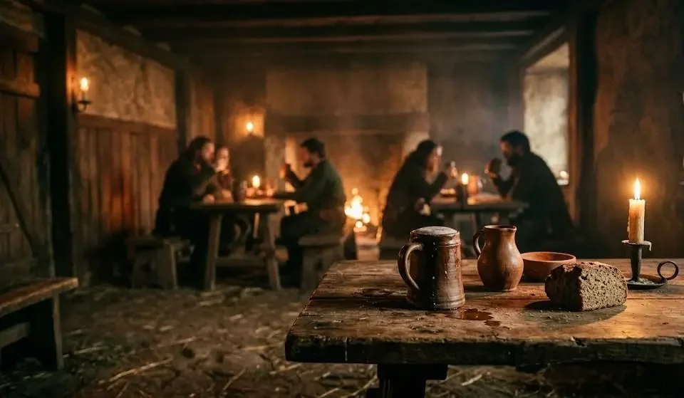 What Did People Drink Before Clean Water — a medieval clay tankard of dark ale on a rough wooden tavern table lit by candlelight
