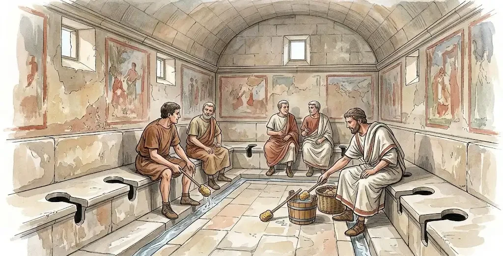 A historical illustration of an Ancient Roman public latrine showing men sitting on stone bench seats with holes, discussing while using a xylospongium—a sponge on a stick—to answer the question of What Did People Use Before Toilet Paper?"