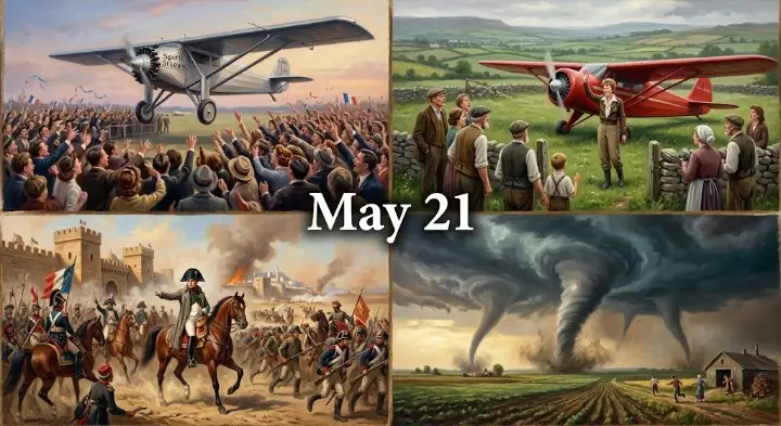 Unpack this day in history May 21 facts. Discover how Lindbergh conquered the Atlantic, Earhart broke flight records, and a massive Iowa tornado made history.