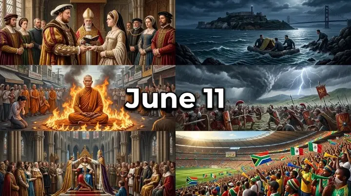 Look into the dramatic stories defining This Day in history june 11 including a daring prison break at Alcatraz and a fateful royal Tudor wedding. (151 characters)