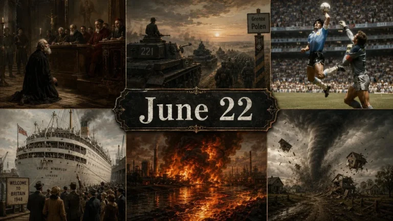What took place on this day in history June 22? Read about Napoleon's invasion of Russia, the arrival of Windrush, and a burning river in Ohio.