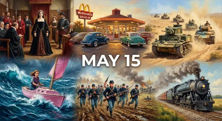Read the historical events May 15 brings to light, centering on what happened on this day in history May 15 when empires fell, wars began, and icons were born.