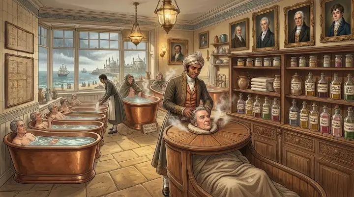 Sake Dean Mahomed performing shampooing treatment at his Brighton bathhouse, 1814