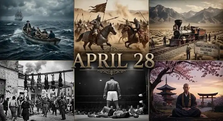 A detailed, cinematic historical collage titled "April 28 in history," featuring a bold, elegant text overlay in the center that reads "APRIL 28." The collage is divided into six distinct, high-quality scenes
