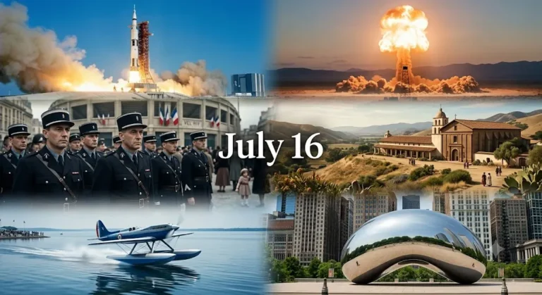 Journey through the historic events of this day in history July 16, from the launch of Apollo 11 to the tragic Vel' d'Hiv roundup in Paris.