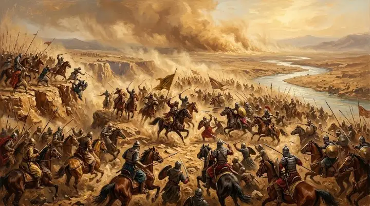 Armies clashing in the sandstorm during the Battle of Yarmouk