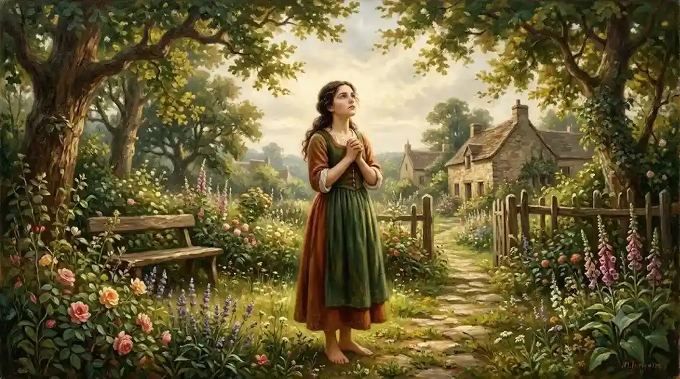 A 19th-century oil painting of a young Joan of Arc in a serene garden looking up at soft light, reflecting the historical question: Did Joan of Arc Really Hear Voices?