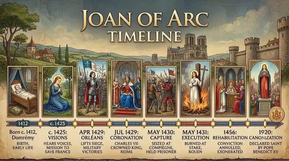 An illustrated chronological timeline titled "Joan of Arc Timeline" spanning from 1412 to 1920, featuring eight illustrated panels detailing key events: 1412 Birth in Domrémy, c. 1425 Visions, April 1429 Siege of Orléans, July 1429 Coronation of Charles VII, May 1430 Capture at Compiègne, May 1431 Execution, 1456 Rehabilitation, and 1920 Canonization.