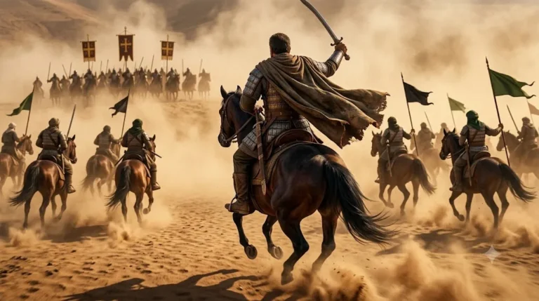 Khalid bin Walid leading the cavalry charge at the Battle of Yarmouk.