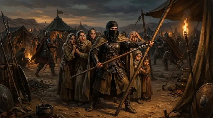Khawla bint al Azwar story: oil painting of the warrior rescuing captured women at Yarmouk