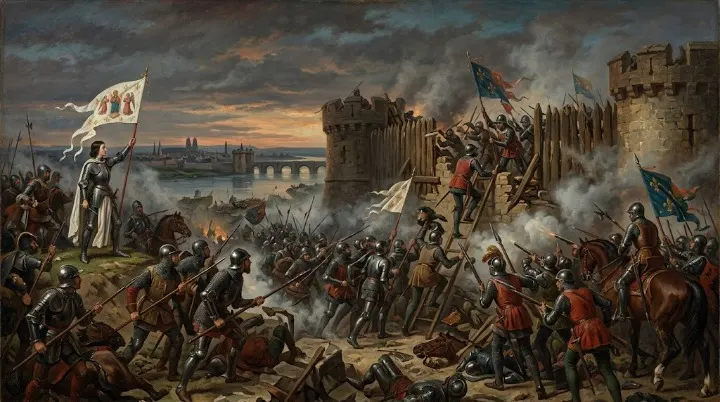 Painting of French forces storming English defenses at the Siege of Orleans
