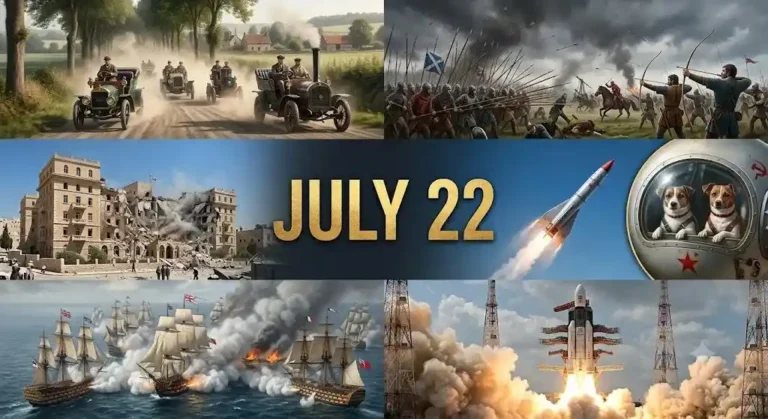 Discover key moments on this day in history July 22 like the historic 1894 French auto race, Falkirk longbow battles, and major space milestones.