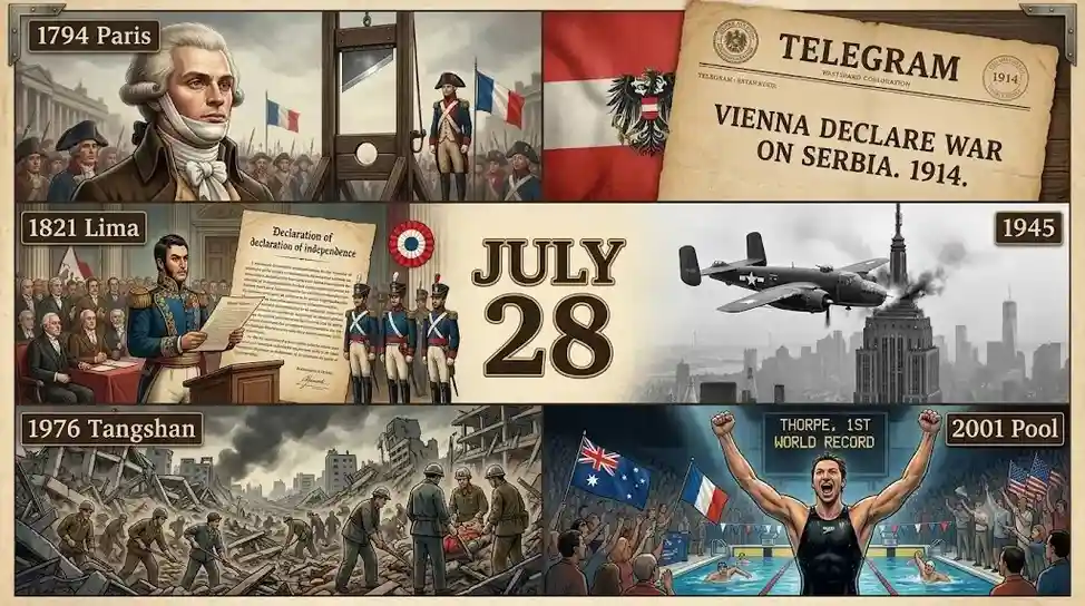 Read about July 28 this day in history including the start of WWI in 1914, Robespierre's fall, and the massive 1976 Tangshan earthquake disaster.