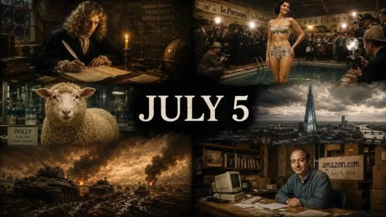 Discover what happened on July 5 in history, from Isaac Newton publishing his laws of gravity to the scandalous debut of the first bikini in Paris.