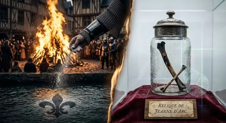 A split-screen image showing medieval flames casting ashes over a river next to a glass jar containing a blackened rib bone once thought to be the remains of Joan of Arc.