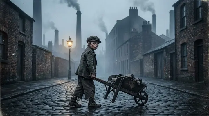 A somber, historically image of a weary, six-year-old Victorian child worker trudging through wet, cobbled streets at dawn, highlighting the historical query: Why Did Children Work in Victorian Times.