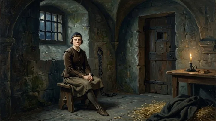 Painting of Joan of Arc in men's clothing inside her prison cell
