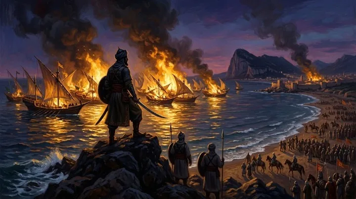 Tariq ibn Ziyad and the legend of the burning ships at Gibraltar.