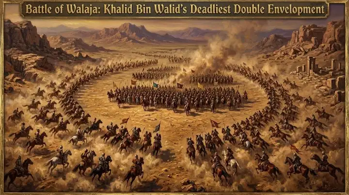 Khalid bin Walid's cavalry encircling the Persian army at the Battle of Walaja.