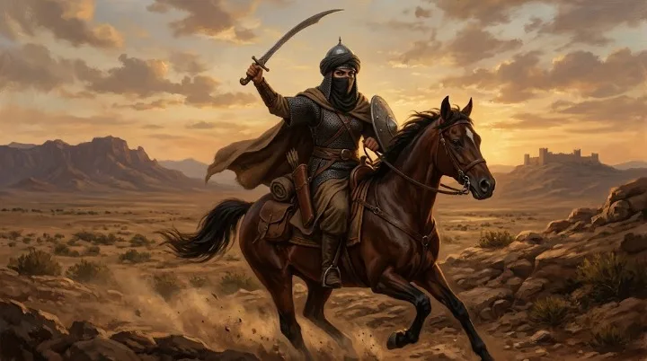 An illustration of an Arabian warrior woman, Khawla bint al Azwar, clad in chainmail and a cloak, rides a bay horse through a dusty desert, her sword raised against a backdrop of distant mountains and a fortress.