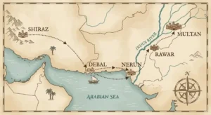 Map showing Muhammad bin Qasim's 711β713 CE campaign route from Shiraz through Debal, Nerun, and Rawar to Multan"