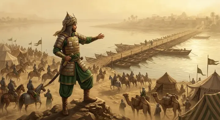 Illustration of Muhammad bin Qasim with Umayyad army, crossing the Indus River on a pontoon bridge during the 711–712 CE conquest of Sindh.