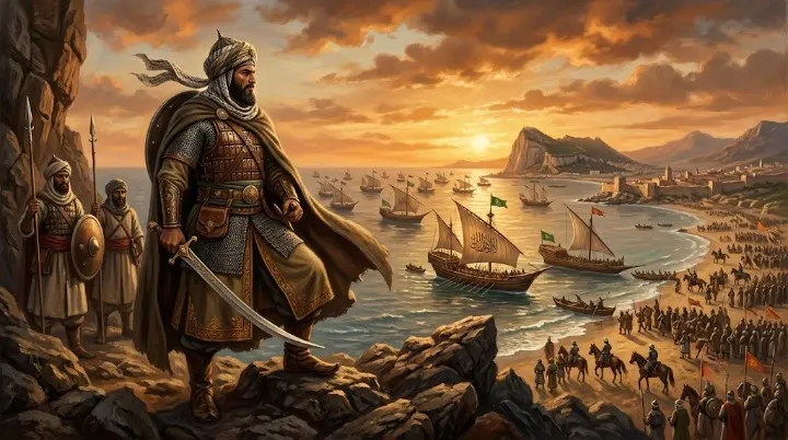 Tariq ibn Ziyad leading his forces at the start of the conquest of Spain