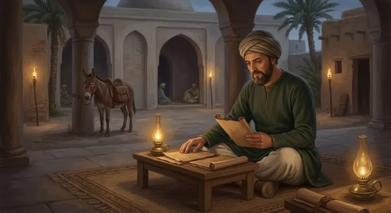 Illustration of Caliph Umar bin Abdul Aziz in modest dress reviewing administrative documents during his reign as Umayyad caliph