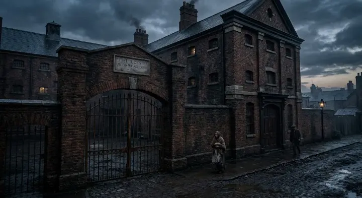 A grim exterior view illustrating the harsh and unforgiving realities of Life in a Victorian Workhouse behind heavy iron gates and weathered brick walls.