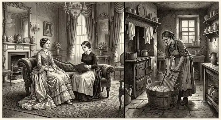 Illustration contrasting rich vs poor women in Victorian Britain, showing a wealthy noblewoman in a drawing room beside a working-class woman doing laundry